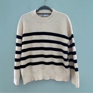 Zara Cream and Black Striped Crew Neck Sweater